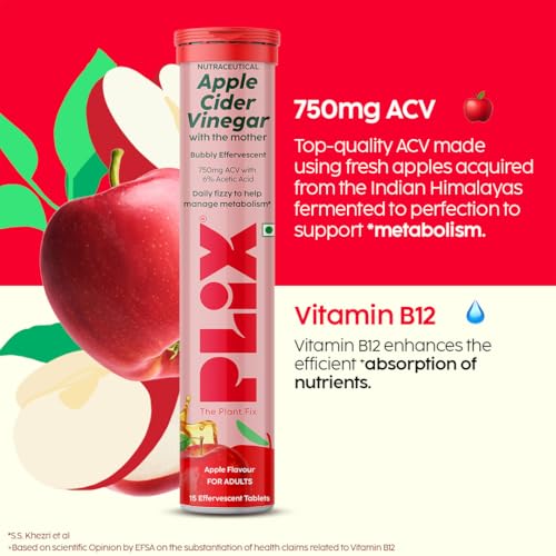 Image of THE PLANT FIX Apple Cider Vinegar Effervescent Tablet with Mother | Supports Metabolism & Control Cravings | With 750mg ACV, Vit B6 & B12 | No Added Preservative | (Pack of 12)