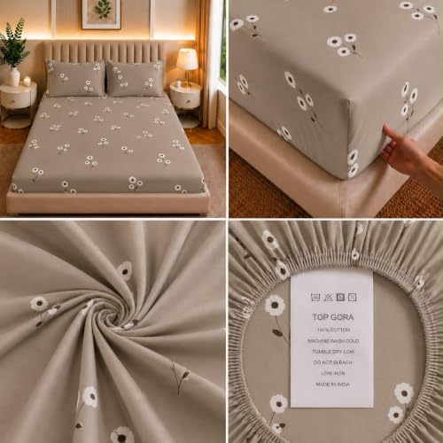 Image of Castiqa Elastic Fitted Supersoft Premium Polycotton 200TC King Size Bedsheets with 2 Pillow Covers | No Slip Bedsheet | (Cream Sm Floral, King (72x78 Upto 10 inch Mattress))