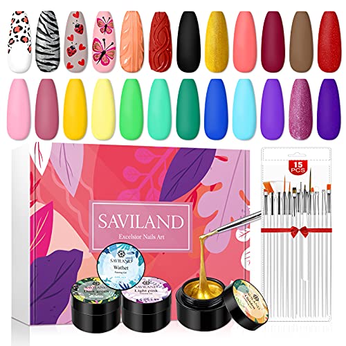 Saviland 24 Painting Gel Nail Polish Set - Summer Nail Art Pigment Gel with 15PCS Nail Pen, Nail Art Polish for Painting Nails, DIY Manicure, Nail Salon and Nail Design