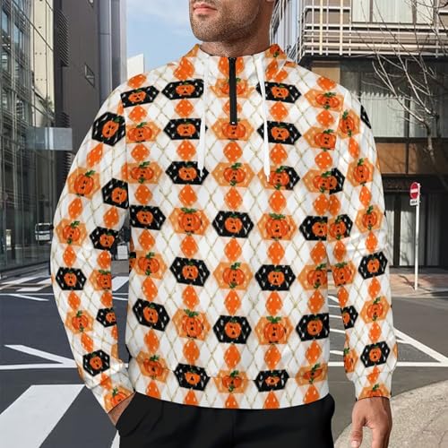 Halloween Argyle Plaid Pumpkin Men's Quarter Zip Drawstring Hoodies Long Sleeve Sweatshirt Casual Pullover2