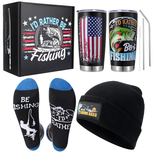 Meng Jiaran Gifts Set for Fisherman Fishing Gifts for Men Unique Funny Mens Socks Bucket hat Mug Gift Box Novelty Birthday Presents for Men Fathers Day for Dad Grandad Husband Ideas