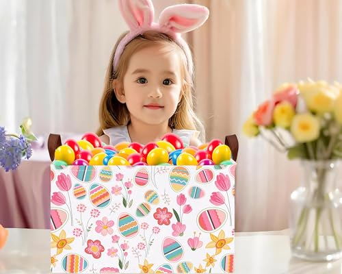 Image of Large Rectangular Easter Baskets Empty Waterproof Boy Toy Box Foldable Kid's Gifts Storage Bin Spring Room Decor(Tulip Flower Egg)