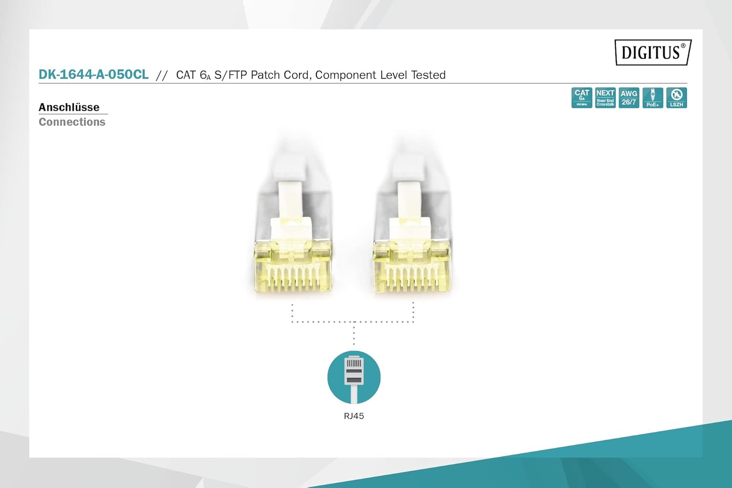 Assmann DIGITUS CAT 6A S/FTP Patch Cable, Cu, LSZH, Component Level AWG 26, Length 5m, Colour Grey