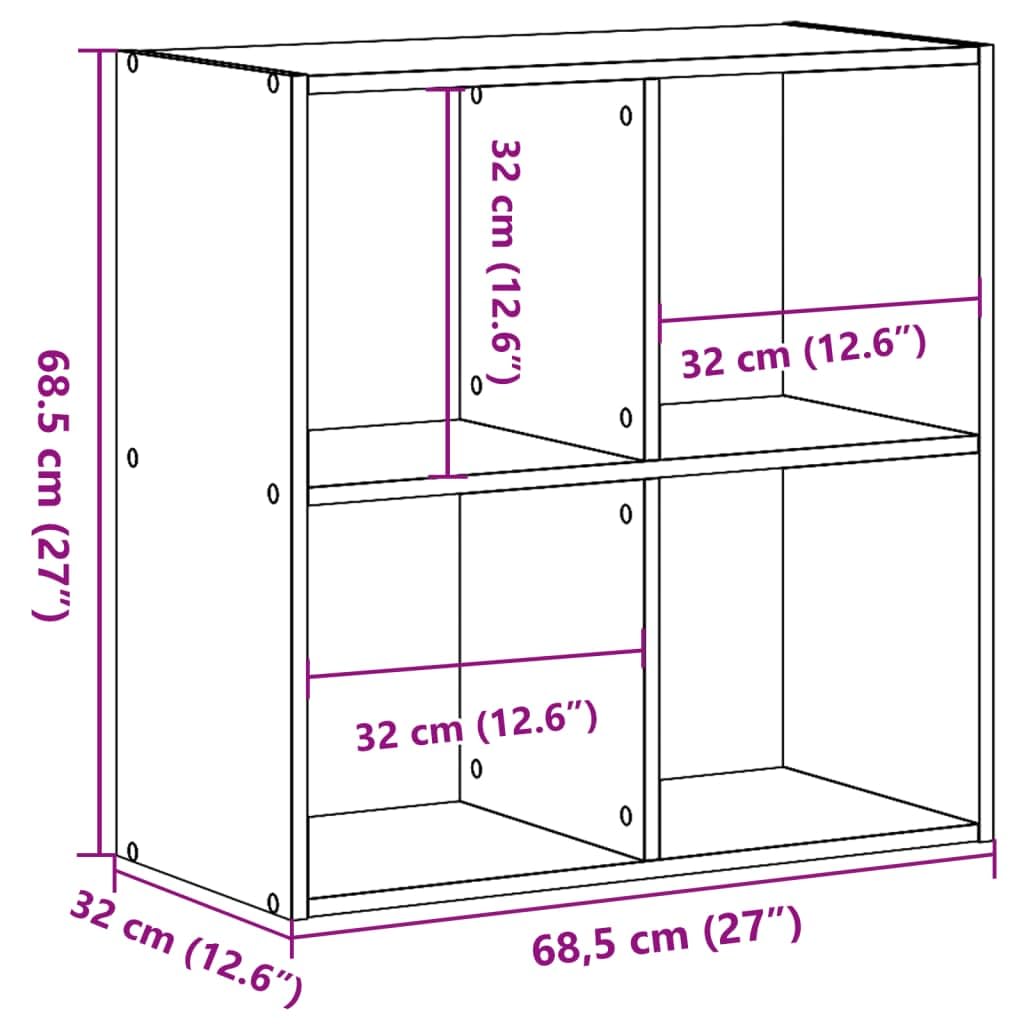 Bücherregal Holzwerkstoff Braun Eichen-Optik 68,5x32x68,5 cm | 4 Facher, Standregal, Raumteiler, pflegeleicht, feuchtes Tuch, Wandhalterung