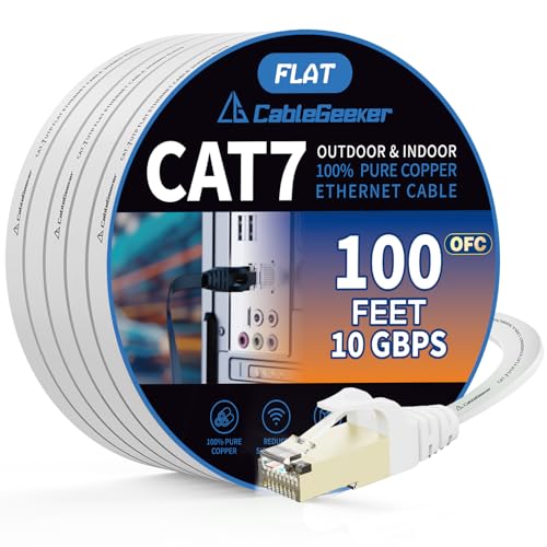 Cat 7 Shielded Ethernet Cable 100ft White, Compatible with Cat5e/Cat6 Network, Cat7 Flat Patch Cables, High Speed Internet Cord for Modem, Router, LAN, Computer, Including Clips and Straps