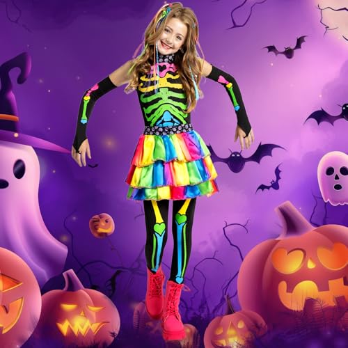 Ntwdby Disfraz Halloween Niña Esqueleto, Colorido Disfraz de Esqueleto para Niñas, Vestido Esqueletos de Halloween Niñas, Disfraces de Esqueletos para Niña para Halloweens Carnaval y Cosplay (M)
