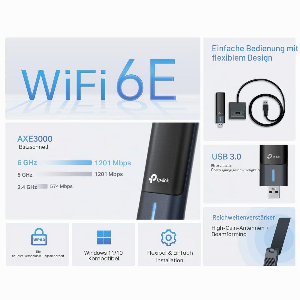 TP-Link Archer TXE50UH Wi-Fi 6E WLAN Stick für PC, AXE3000 Tri-Band WLAN Adapter, USB 3.0, MU-MIMO, WPA3, einfache Installation, unterstützt nur Windows 11/10