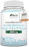 Aceite de Linaza Vegano 2000mg - 180 Cápsulas Blandas - Prensado en Frío Rica Fuente de Omega 3 6 y 9 | Suministro para 3 Meses - Fabricado en Europa - Nu U Nutrition