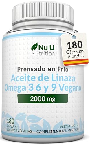 Aceite de Linaza Vegano 2000mg - 180 Cápsulas Blandas - Prensado en Frío Rica Fuente de Omega 3 6 y 9 | Suministro para 3 Meses - Fabricado en Europa - Nu U Nutrition