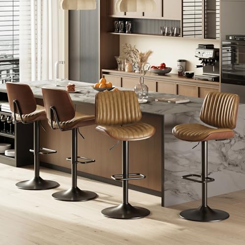 Image of MALOL Bar Stools Set of 4, Adjustable Counter Height Bar Chairs 26 inch-34.5 inch with Swivel & Footrest, Modern Faux Leather Barstools for Kitchen Island, Dining Room,Pub,Brown