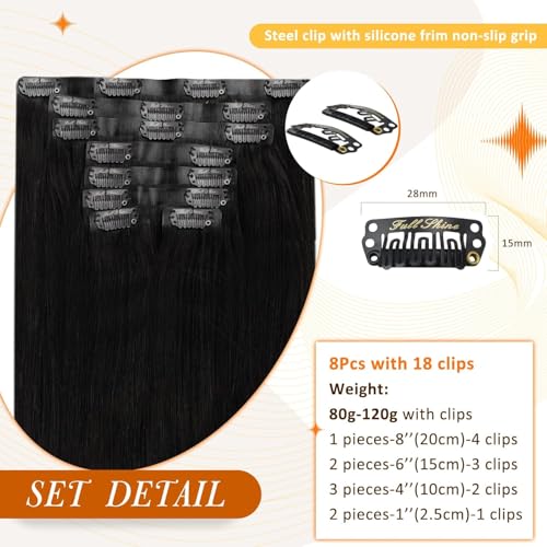 Image of Full Shine Clip in Hair Extensions Human Hair, Natural Black 22 Inch | Seamless Clip Ins, 120g 8 Pcs, Invisible Ultra-Thin Weft, Adds Length,Lightweight, Waves and Curls, Party Styling