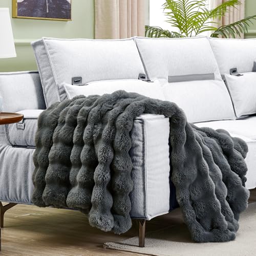 JONIYEAR Solid Thick Fuzzy Bubble Faux Rabbit Fur Blanket Twin Size 60" x 70", Decorative Bumpy Cute Cozy Fluffy Gray Warm Blanket for Winter, Oversized Reversible Poofy Comfy Shag Furry Throw, Grey by JONIYEAR - Used condition - Image 7