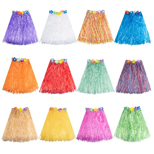 12 Stück Hula Gras Rock Hawaiian 60cm Elastischer Rock Strohfarbe für Hawaiian Bunte Kurze Hula Grasröcke für Sommerpartys, Strandfeiern & Tropische Eventsc