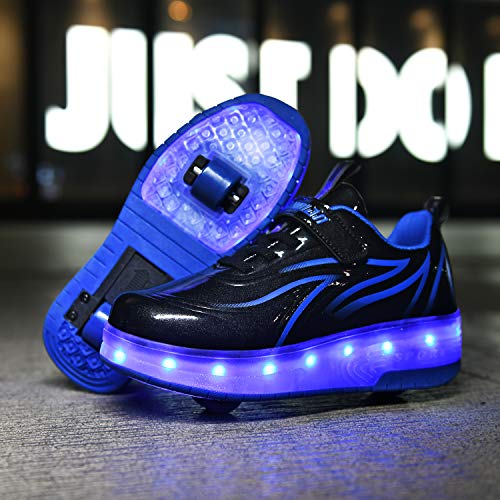 Unisex Kinder LED Licht USB Wiederaufladbar Skateboardschuhe mit Doppelrad Rollen,Drucktaste Einstellbare Roller Skates, Outdoor Sport Fitnessschuhe Gymnastik Running Sneaker