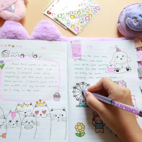 Image of Cat Diary with Lock for Girls Ages 4-12, Fuzzy Secret Journal Notebook Set