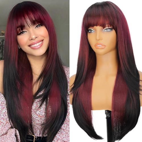 Nnzes Wine Red and Black 26-Inch Long Wig with Bangs
