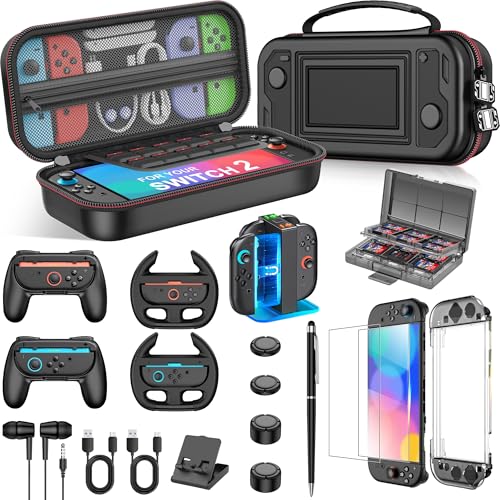 Spican Switch 2 Accessories Bundle 17-in-1, Switch 2 Carrying Case, Joypad Charger, Screen Protectors, Steering Wheel, Joypad Grip &amp; More for Nintendo Switch 2
