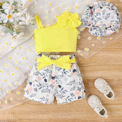Image of Bold N Elegant Girls Cotton Sleeveless Modern Top and Floral Shorts with Belt and Hat Trendy Coords Set Baby Girl Party Dress Outfit