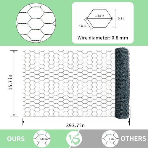 Image of Chicken Wire 15.7 in x 393.7 in Poultry Wire Netting Hexagonal Galvanized Mesh Garden Fence Barrier for Pet Rabbit Chicken Fencing with 100 Pcs Cable Zip Ties(PVC-Coated)
