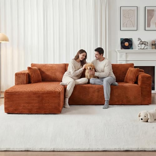 Yihomfy 279 cm Canapé d'angle en Forme de L avec Fonction Couchage -2 Oreillers- 3 Coussins- Canapé modulaire avec méridienne Gauche - Velours Côtelé Canapé-lit...