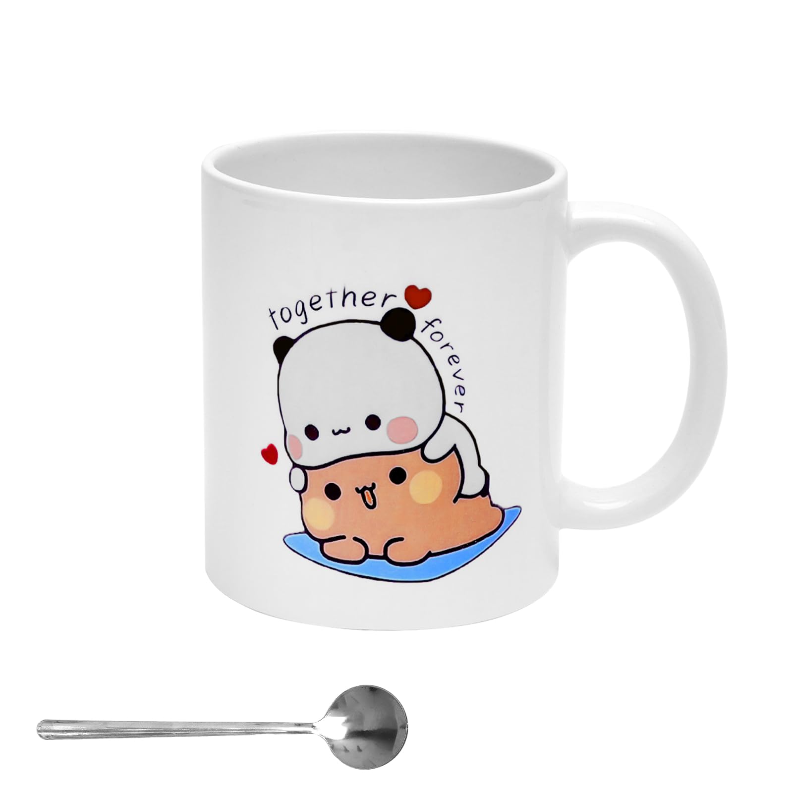 Estetyczny kubek do Bubu Dudu, 330 ml, kubek ceramiczny z okrągłą łyżeczką ze stali nierdzewnej, uroczy kubek do herbaty i kawy, zabawny miś i panda, najlepszy zabawny kubek na prezent