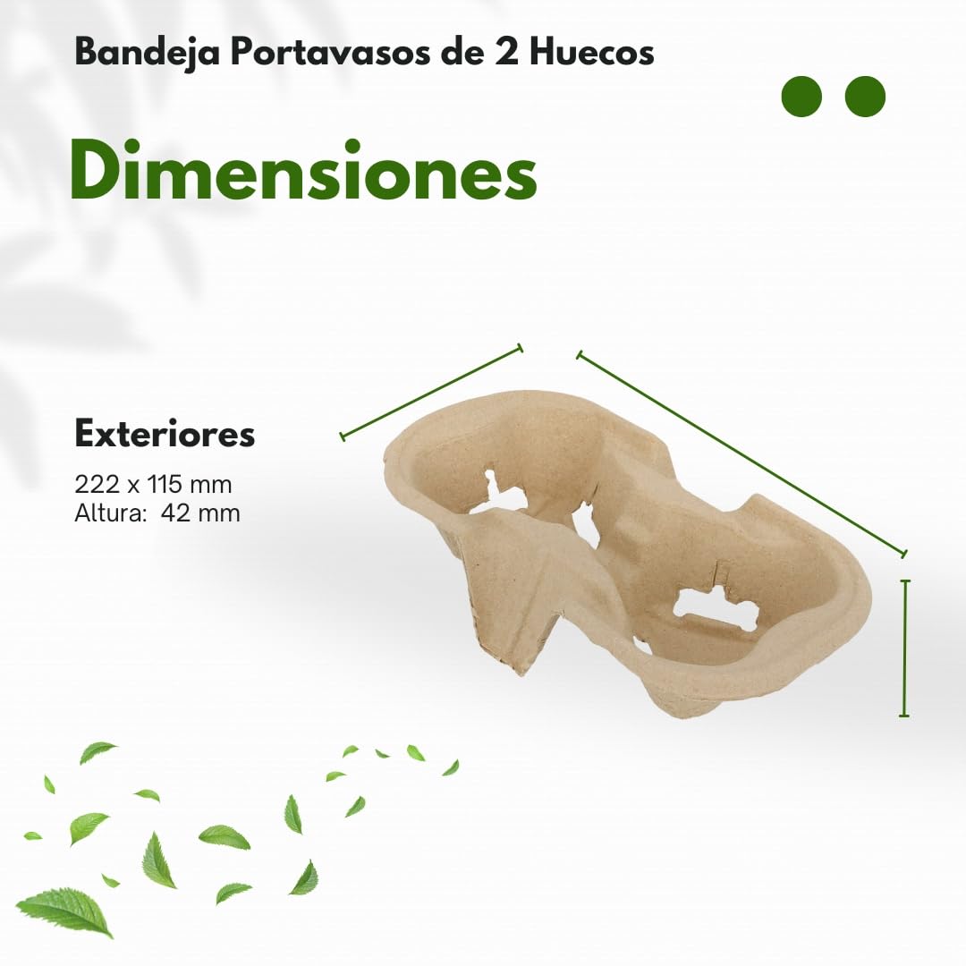 Bandeja Portavasos Biodegradable de 2 Huecos, Fibra de Papel Reciclado, Compatible con Vasos 7-8 oz, 240 Bandejas