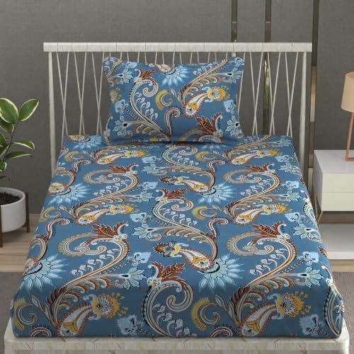 Image of Vram Premium Heavy Cotton Elastic Fitted Bedsheets with 1 King Size Pillow Covers || Single Bed with All Around Elastic 350 TC || 36 x 78 x 6 Inch Single Size Fitted || :- Blue Jaipuri