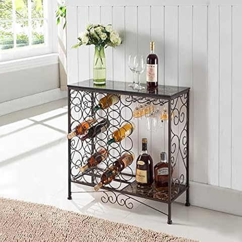 Kings Brand Furniture Metal With Marble Finish Top Console Table With Wine Rack Cover