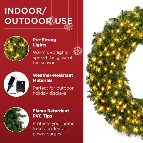 Image of Best Choice Products 24in Large Artificial Pre-Lit Fir Christmas Wreath Holiday Accent Decoration w / 50 LED Lights, 100 PVC Tips