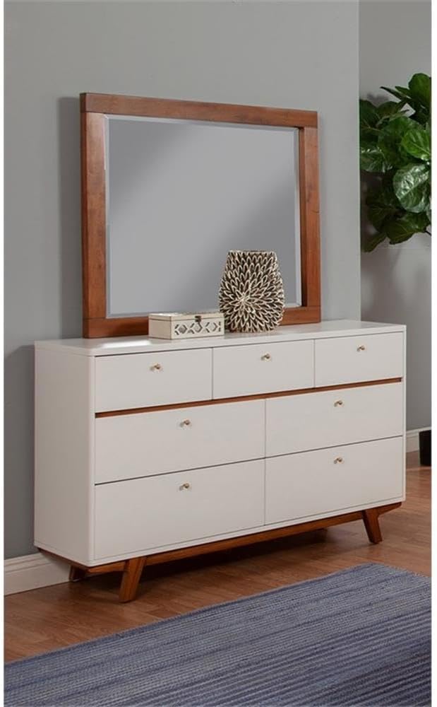 Pemberly Row Modern Wood Mirror, 37" H x 42" W, Mahogany Wood Solids & Veneer, Acorn Brown Finish, Mid-Century Bedroom Mirror, Attaches to Dresser, Fully Assembled