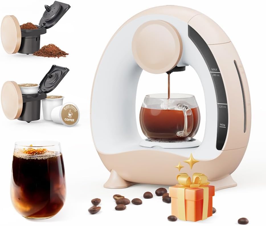 BENFUCHEN Single Serve Coffee Maker For KCup&Ground Coffee, MINI Q Americano 2 in 1 Mini One Cup Coffee/Tea Maker With Coffee Filter/KCUP-Adapter, 240 ML Brew Sizes, Champagne Color