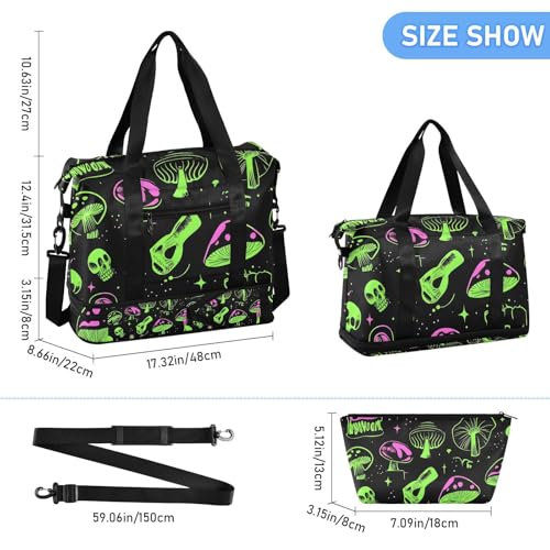 ALAZA Sports Duffel Bags with Toiletry Bag Set,Glowing Mushroom Travel Duffel Bags Multi Pockets Weekend Bag3