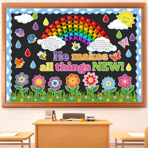 Chiisong 69 Pcs Spring Bulletin Board Decoration Religious Rainbow Flower Cutouts Set He Makes All Things New 3D Christian Floral Paper Wall Decor for Teacher School Classroom Birthday Party Supplies