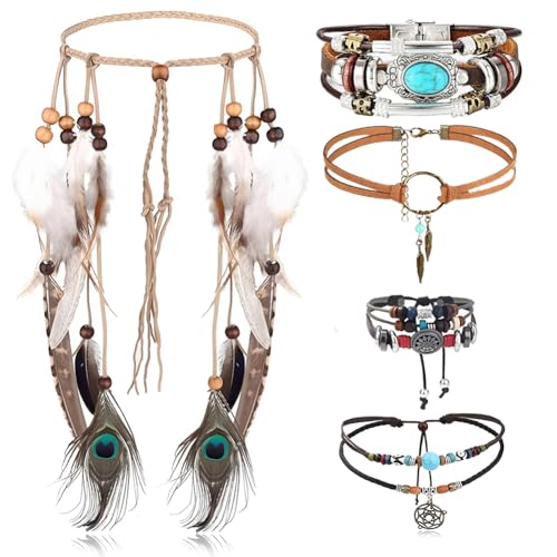 YUPDFGB Conjunto de Tocados de Estilo Indio, Conjunto Collar Pendientes Cuero Plumas para Mujer Pulsera, Tocado de Indio Pelo Hippie Bohemia Banda Para Mujer diadema plumas carnaval