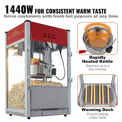 Image of VEVOR Commercial Popcorn Machine, 12 Oz Kettle, 1440 W Countertop Popcorn Maker for 80 Cups per Batch, Theater Style Popper with 3-Switch Control Steel Frame Tempered Glass Doors 1 Scoop 2 Spoons, Red