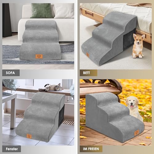 Thihome Hundetreppe für Kleine Hunde, Wasserdicht 3 Stufen Haustiertreppe aus Hochdichtem Schwamm, Abnehmbar Hunderampe mit Waschbar Bezug für Sofa Bett, Grau