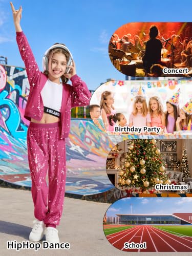 Image of LOLANTA 2Pcs Girls Dance Outfits Cropped Sequin Jacket Pants Set, Kids Hip Hop Dance Costumes for 80s 90s Party 5-15 Years