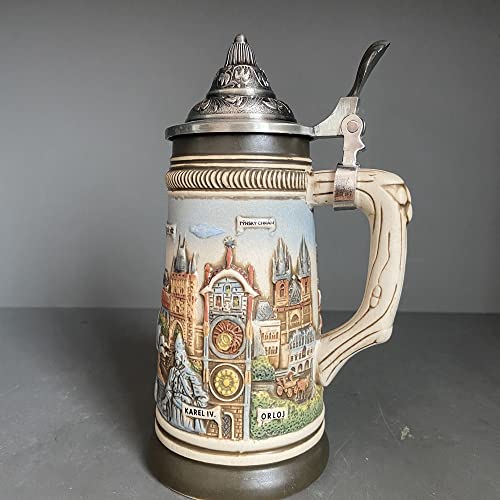 Caneca de cerveja alemã brasões Stanley Viking Tankard Castelo de Praga com tampa Petwer 0,6 litros