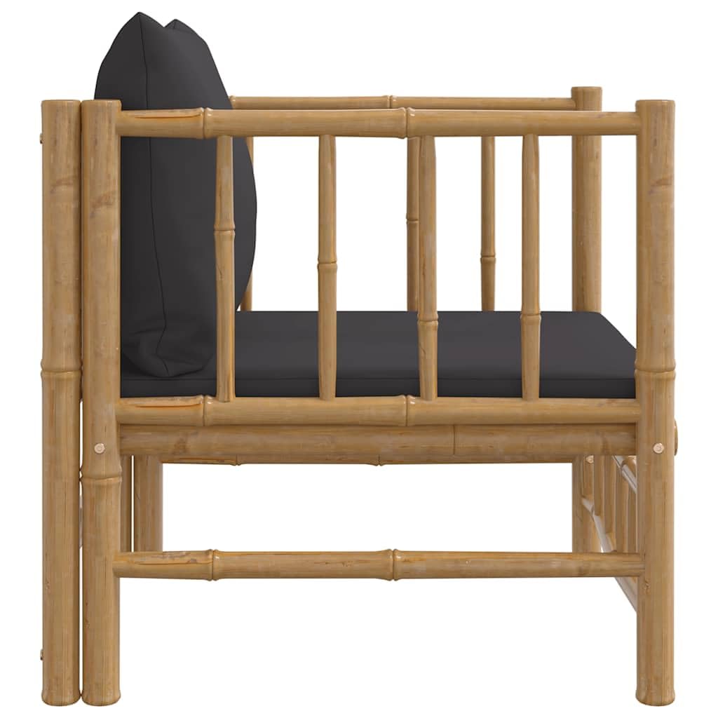 Bambusowy fotel ogrodowy z ciemnoszarymi poduszkami, 63 x 69 x 65 cm, modułowy leżak ogrodowy z wygodnymi poduszkami do siedzenia, meble ogrodowe na taras, balkon i zestaw wypoczynkowy