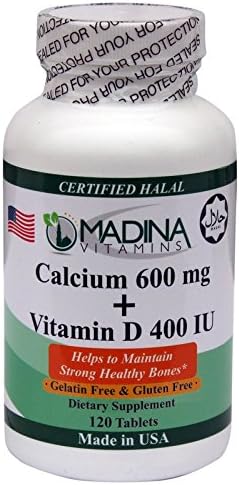 Halal Calcium 600mg + Vitamin D3 400 IU - Made in USA by Madina Halal Vitamins