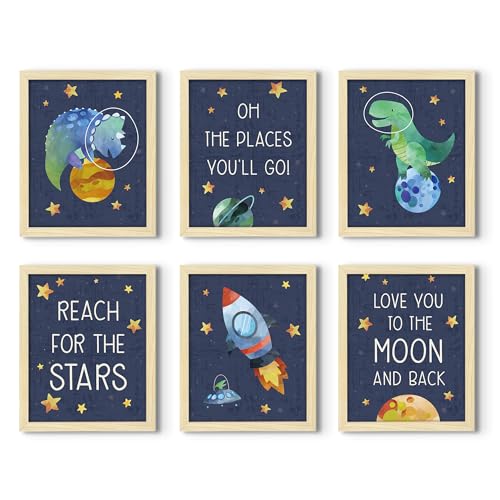 Image of ArtbyHannah Framed Dinosaur Nursery Wall Decor, 8x10 inch Cute Baby Wall Art Room Decor for Kids, Dinosaur and Space Adventure Themed Artwork Print for Playroom Bedroom Baby Shower Decoration(4 Pack)