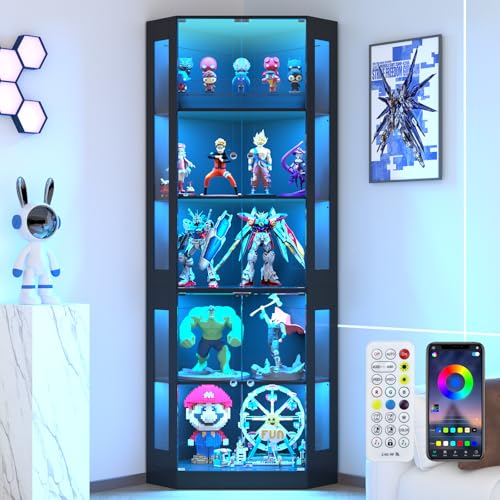 VOWNER Eckvitrine mit gehärtetem Glas, 205cm Höhe Eck Vitrinenschrank mit LED Beleuchtung für Sammlerstücke, Hohe Glasvitrine mit Smart Human Sensor für Wohnzimmer & Büro (Schwarz, 5 Regalböden)