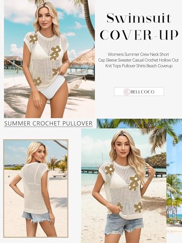 Image of Womens Summer Crochet Tops Hollow Out Cap Sleeve Cover Up Tank Top Pullover Sweater Vest Beach Vacation Clothes