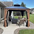 PURPLE LEAF 10' X 12' Outdoor Hardtop Gazebo for Patio Galvanized Steel Double Roof Permanent Canopy Teak Finish Coated Aluminum Frame Pavilion Gazebo with Netting and Curtains