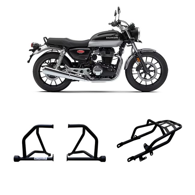 Image of Combo Premium Crash Guard and Touring Top Rack Compatible with Honda H'Ness CB350 | Engine Guard with Frame Sliders & Rear Luggage Carrier (Touring Combo) Black (Set of 1)