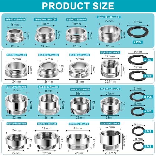 16 Stück Wasserhahn Adapter Set, Wasserhahnadapter mit Innen- & Außengewinde Messing Gewindeadapter inkl. Dichtungen, Belüfter-Anschluss für Küche Spültischarmatur Gartenschlauch & Wasserfilter