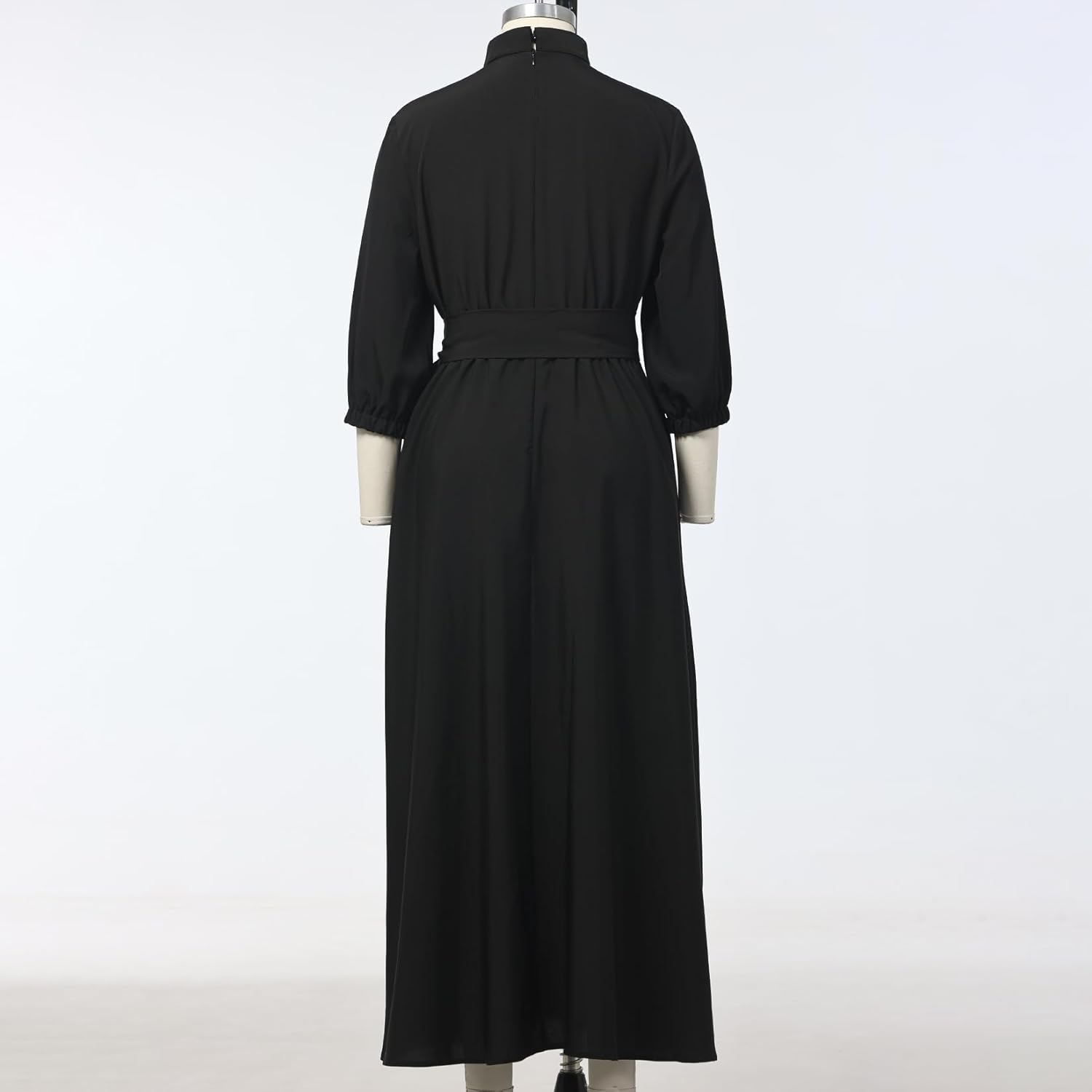 Church Dresses for Women Elegance Audrey Hepburn Style Tab Collar 3/4 Puff Sleeve Swing Maxi Dress with Long Belt - Image 2