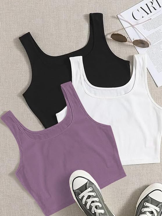 Image of Toochki Women's Knitted Sleeveless Solid Sqaure Neck Ribbed Tank & Crop Tops (Pack of 3)