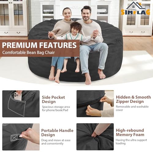 5FT Bean Bag Chair, Large Bean Bag Chairs with Memory Foam Filled, Fluffy Beanbag Sofa with Dutch Velvet Cover, Round BeanBag Chairs for Living Room, Playroom - Grey