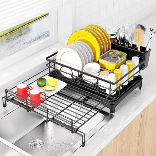 NEWKIBOU Escurridor de Platos Extensible de Acero Inoxidable Grande - con Caño de Drenaje Giratorio y Soporte para Cubiertos, para Fregadero y Encimera de Cocina (Negro)
